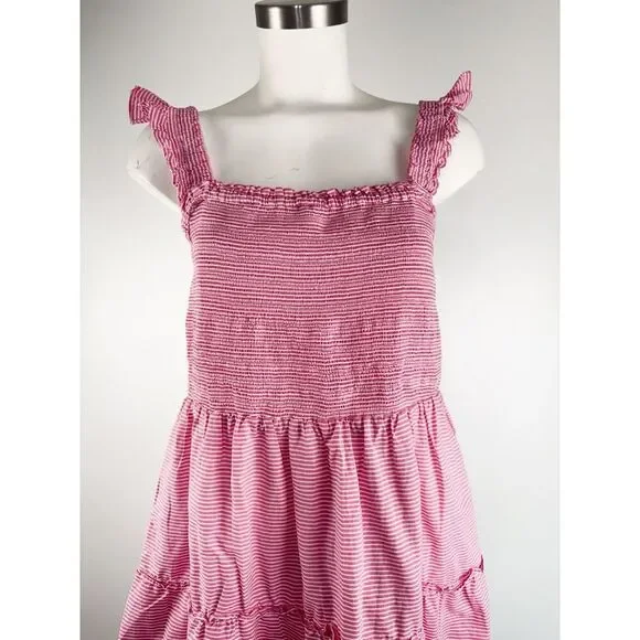 J Crew Sz Large Striped Smocked Tiered Mini Dress Pink Nautical Preppy Americana